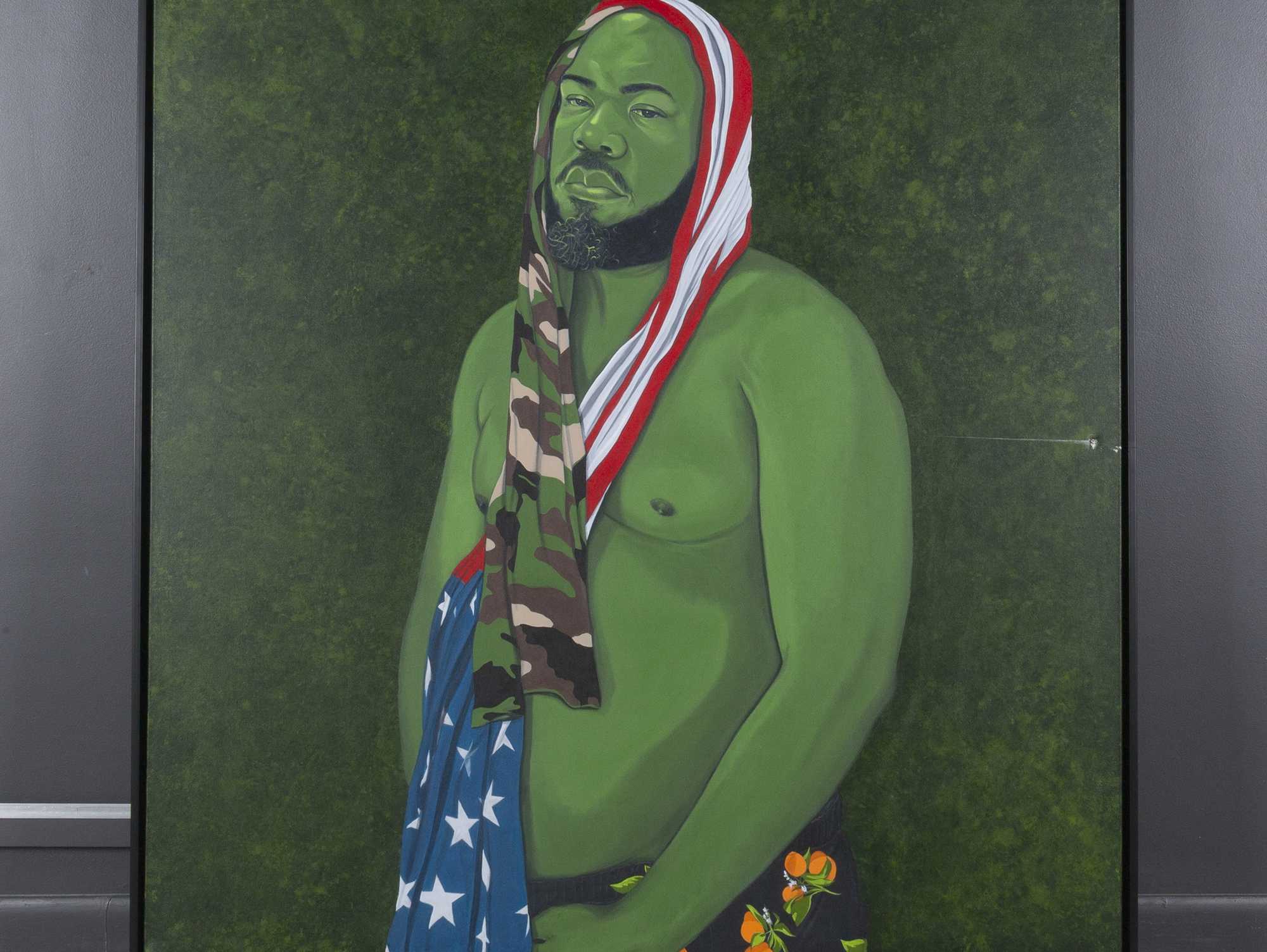 Clarence Heyward's painting Man in the Garden, showing the puncture and cut from the May 21 vandalism at HMAAC